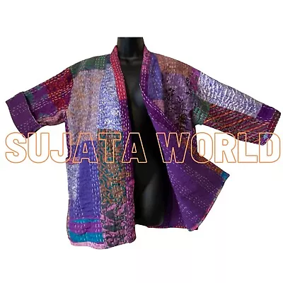 Buy Pure Silk Patchwork Kantha Hand Stitch Fully Lined Kimono Jacket Coat M L Xl • 39.95£