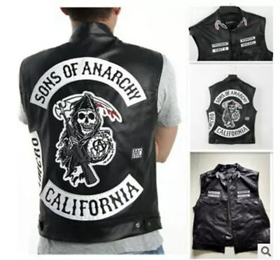 Buy New Mens Sons Of Anarchy Vest Leather Jacket Motorcycle SOA Vests Jackets Tops • 11.59£