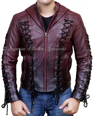Buy Alamodetrend Arrow Arsenal Red Hooded Colton Haynes Costume Real Leather Jacket • 87.40£