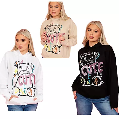 Buy Womens Graphic Teddy Fleece Oversized Hooded Ladies Sweatshirt Hoodie Jumper Top • 13.85£