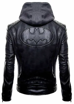Buy New Batman Logo Motorcycle Brando Biker Real Leather Hoodie Jacket - Detach Hood • 24£