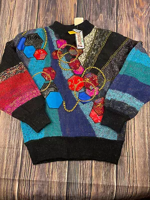 Buy Vintage 80s Hollywood Vine Applique Sweater M Metallic Glam Colorblock NEW NWT • 46.30£