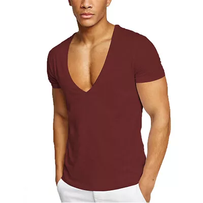 Buy 100% Cotton Mens Deep V Neck T Shirt Solid Short Sleeve Dance Nightclub Gym Tops • 12.38£