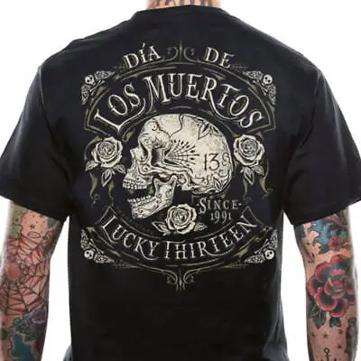Buy Lucky 13 Los Muertos Skull Men's T-Shirt Kustom Kulture Rockabilly Retro Black • 29.09£