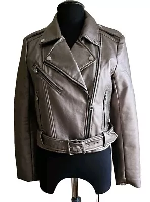 Buy Paul & Bear Ladies Metallic Faux Leather Belted Pu Zipped Biker Jacket Size Uk L • 16£