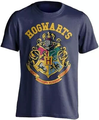 Buy Officially Licensed Harry Potter Hogwarts Crest Logo Navy Blue Mens T-Shirt • 15.95£
