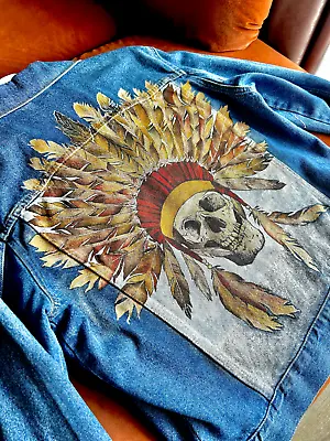 Buy OOAK , Custom Made Denim Jacket, Hand Painted American Indian Headdress Jean • 249£