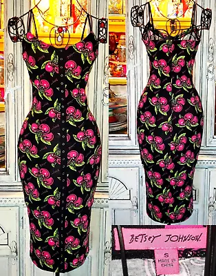 Buy Vintage Betsey Johnson Y2K Black Pink Cherries Fruit Snap Front Slip Dress Small • 192.14£