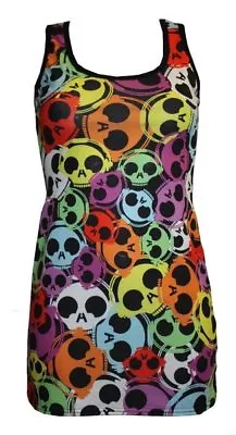 Buy Rainbow Multi Skulls Headphones Print Long Vest Top Summer Dress Goth Punk Emo • 19.99£