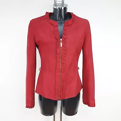 Buy Genuine Real Leather Red Jacket Womens Size 12 40 Zip Up Ruffle Vintage • 4.99£