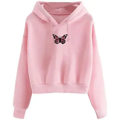 Buy Girl's Butterfly Print Hoodie Ladies Crop Top Long Sleeve Casual Sweatshirt • 8.99£
