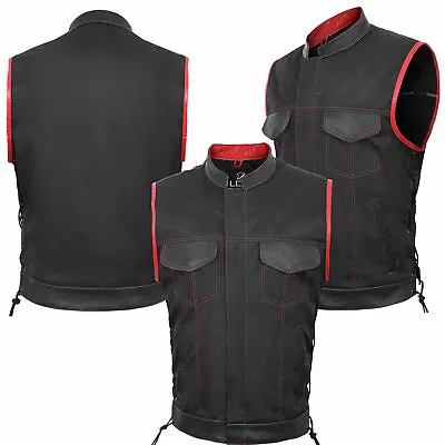 Buy Men's SOA Style Lace Up Fabric Biker Waistcoat/Vest Red Real Leather Trimming UK • 36.97£
