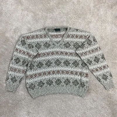 Buy DUNN & CO Mens Large Jumper V-Neck Patterned Knit Sweater Grandpa Cottage Core • 18.99£