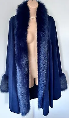 Buy Joanna Hope Cape Midnight Blue Faux Fur Trim Neckline & Cuffs  One Size Plus • 39.99£