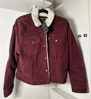 Buy Bnwt Ladies Levis Cherry Red Corduroy Sherpa Trucker Jacket Size Large Vintage • 120£
