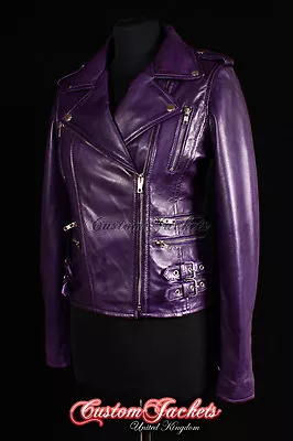 Buy CATWALK LADIES LEATHER JACKET Purple Dark Star Biker Chic Leather Jacket 7113 • 87.81£