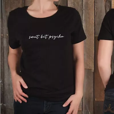 Buy Ladies Slogan Sweet But Psycho Black T Shirt Size 10 BNWOT Womens Gift Clothing • 12.99£