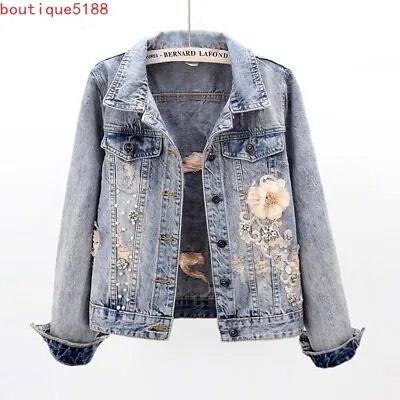 Buy Women Floral Beaded Short Jean Jacket Slim Long Sleeve Casual Denim Coats Jacket • 35.63£