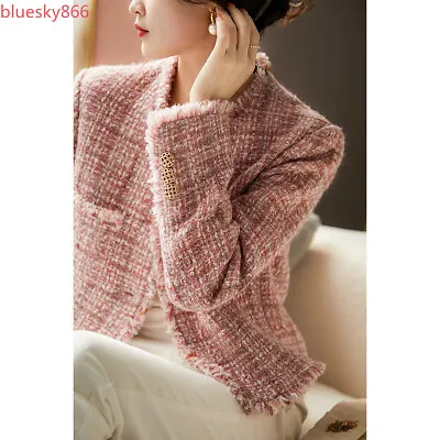 Buy Women Elegant Tweed Pink Blazer Coat Wool Blend Plaids Formal Dress Short Tops • 85.41£
