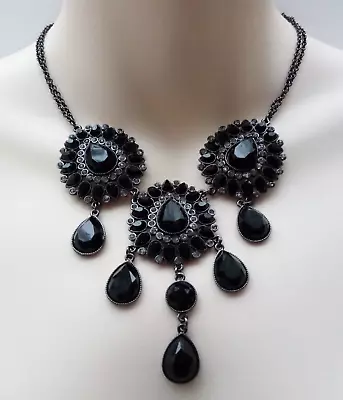 Buy Black Teardrop Dangle Necklace Goth Vintage Style Faceted Boho Costume Jewellery • 5.99£