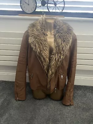 Buy River Island Ladies Leather Look Biker Jacket With Detachable Faux Fur Collar Ta • 22£