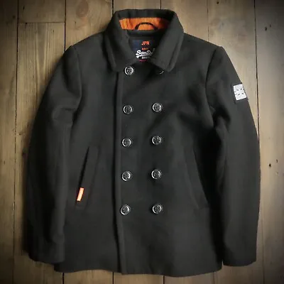 Buy Mens Superdy Pea Coat * XL * Black Double Breasted Militay Style • 37.99£