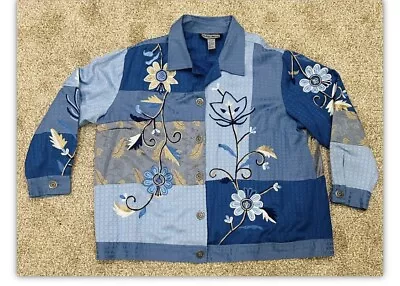 Buy Indigo Moon Women'sJacket Med BlueEmbroidered Button UpLined Floral Size 2XL • 11.34£