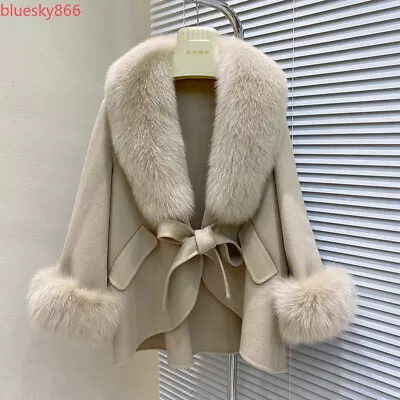 Buy High-end Wool Double-sided Cashmere Coat Winter Fox Fur Collar Women Cape Coatd • 186.43£