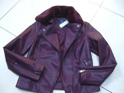Buy M&S Faux Leather JACKET 8 36 Red NEW COLLECTION Oxblood Biker Aviator Fur Collar • 49.99£