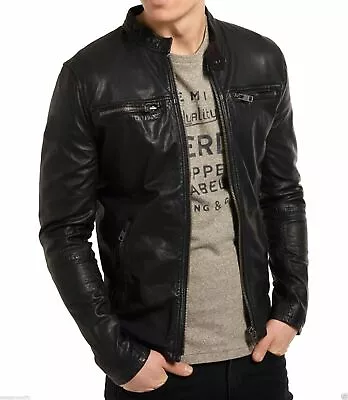Buy New Men's Genuine Lambskin Leather Jacket Black Slim Fit Biker Jacket • 25£