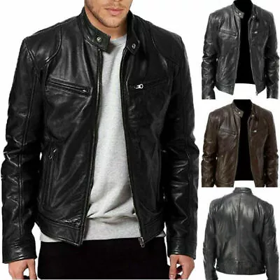 Buy UK Men Vintage Cafe Racer Brown Black Leather Casual Slim Fit Real Biker Jacket • 20.99£