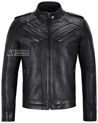 Buy Mens Leather Jacket Black Biker Quilted Italian 100% REAL LEATHER JACKET 2414 • 41.65£