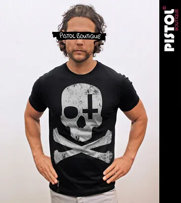Buy Pistol Boutique Men's Black Crew Neck SKULL CROSSBONES CROSS T-shirt - XLARGE • 13£