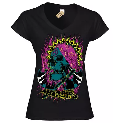Buy Anarchy T-Shirt Axes Skull Biker Gothic Rock Punk Metal Womens Ladies V-Neck • 12.99£