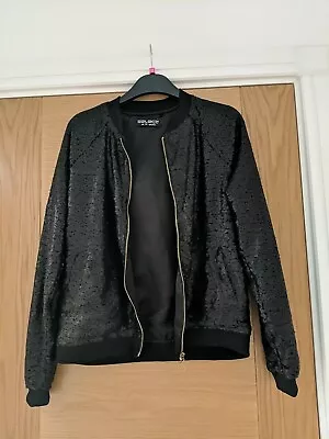 Buy Black Sequin Bomber Jacket Summer Festival Wear Sz 14 • 14.99£