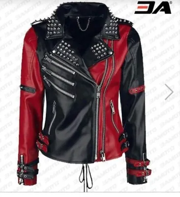 Buy Women Red And Black Leather Studded Jacket, Celebrity Fashion Leather Jacket • 199.99£