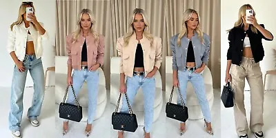 Buy Womens Ladies Long Sleeve Button Up Short Varsity Cropped Bomber Jacket Coat Top • 24.99£