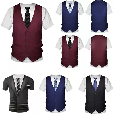 Buy UK Men T-Shirt Casual Short Sleeve Fake Tuxedo Suit Vest & Tie Printed Shirt • 13.39£