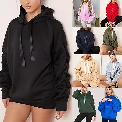 Buy Women's Ruched Balloon Sleeve Hoodie Ladies Oversize Hooded Ribbon Pullover • 14.75£