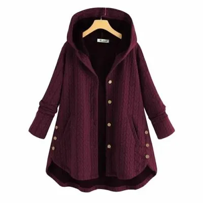 Buy Overcoats Hooded Ladies Fleece Long Button Warm Coat Outwear Winter Jacket Women • 21.46£