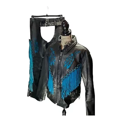 Buy Vintage Fringe Leather Phoenix Jacket And Chaps Set • 145.96£