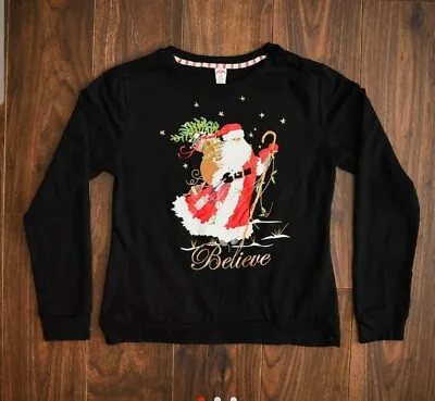 Buy Vintage Black Christmas Jumper Santa Print Sweatshirt M 8-10 • 14£