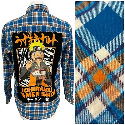 Buy Upcycled Flannel Shirt Womens Medium Naruto Ichiraku Ramen Plaid Grunge Camp • 40.61£