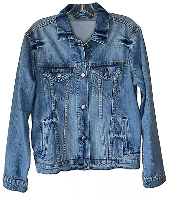 Buy Distressed Blue Denim Trucker Jacket Cotton Stretch Small Button Front Pockets • 9.44£