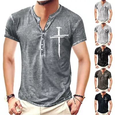 Buy Men Short Sleeve Cross Tops Casual Baggy V Neck Vintage Shirts Button T-shirt • 11.39£