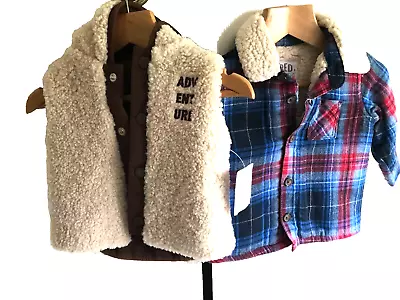 Buy 2 Baby Boy Outerwear Hooded Bodywarmer NB & Checked Blue Fleece Jacket  3m BNWT • 10£
