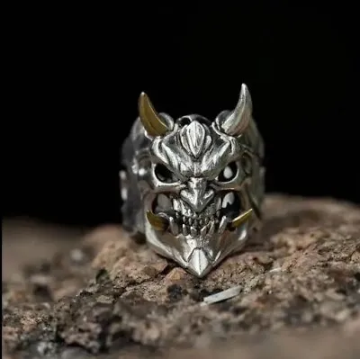 Buy Cool Men's Warrior Skull Prajna Mask Ring, Japanese Demon Face Hannya Devil Ring • 6.89£