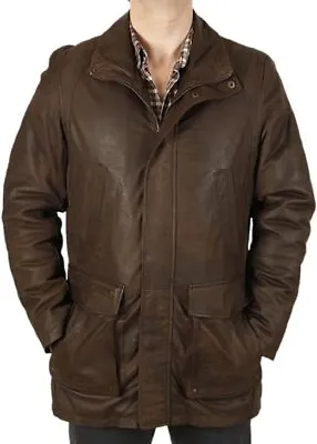 Buy Gents 3/4 Length Khaki Buff Leather Military Coat • 129.99£