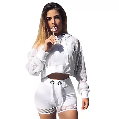 Buy Women Hooded Casual Crop Top See Through Hoodie Mesh Fishnet Polyester T-Shirt • 12.70£