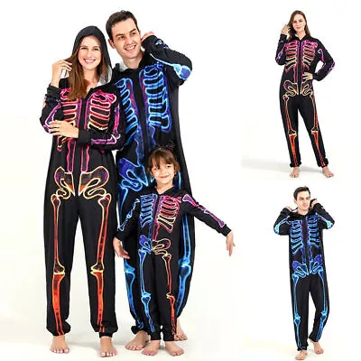 Buy Adult Kids All In One Pyjamas Halloween One Piece Hooded Jumpsuit Loungewear ◁ • 14.51£